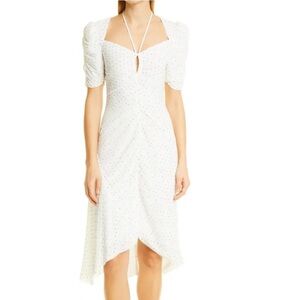 NWT Frame Gathered Keyhole Tie-Neck Polka Dot Ruffle White Bodycon Midi Dress